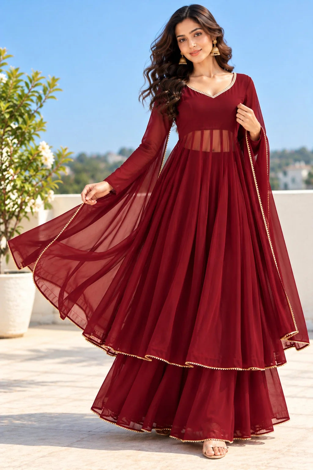 Maroon Georgette Anarkali Suit | Floor Length Anarkali Dress | Embellished Dupatta