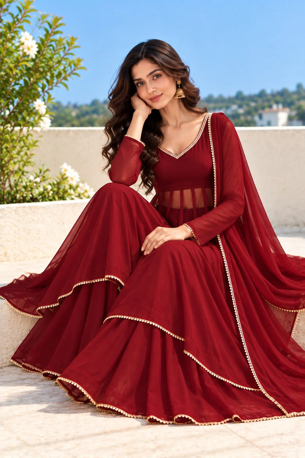 Maroon Georgette Anarkali Suit | Floor Length Anarkali Dress | Embellished Dupatta