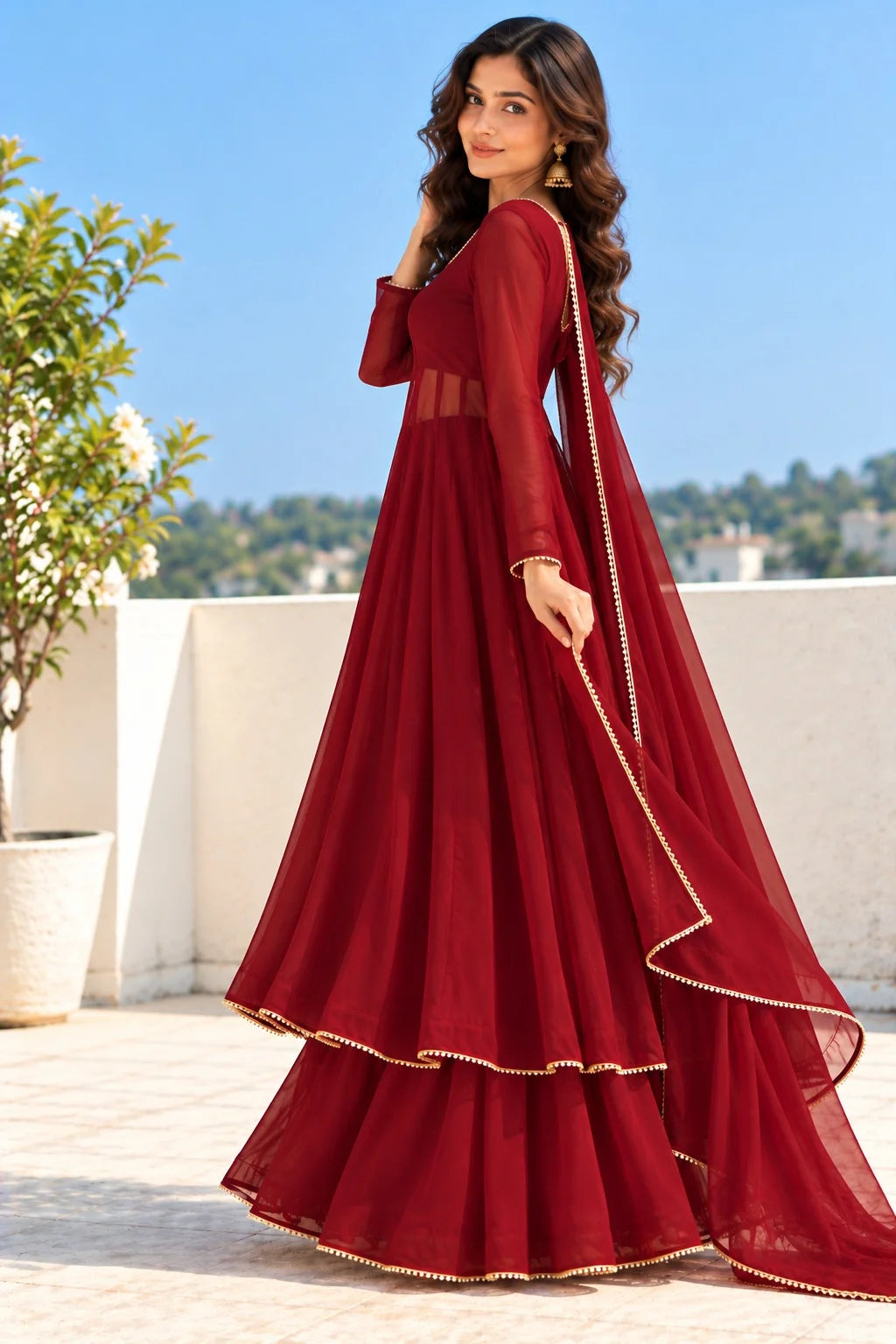 Maroon Georgette Anarkali Suit | Floor Length Anarkali Dress | Embellished Dupatta