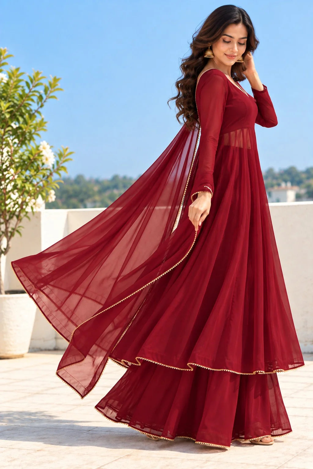 Maroon Georgette Anarkali Suit | Floor Length Anarkali Dress | Embellished Dupatta