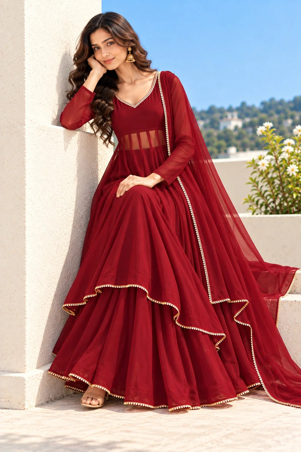 Maroon Georgette Anarkali Suit | Floor Length Anarkali Dress | Embellished Dupatta