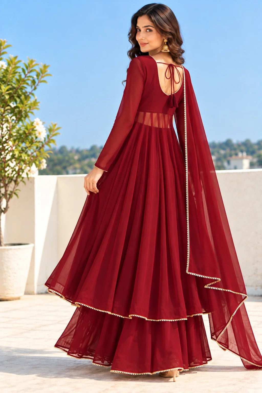 Maroon Georgette Anarkali Suit | Floor Length Anarkali Dress | Embellished Dupatta