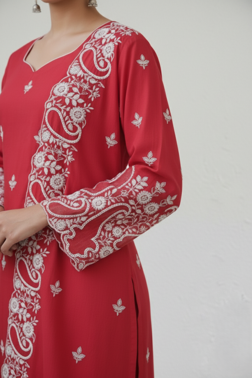 Add a touch of tradition with this Red Cotton Suit Set for Women. This high-quality cotton suit set with matching dupatta offers a flattering fit for every occasion.