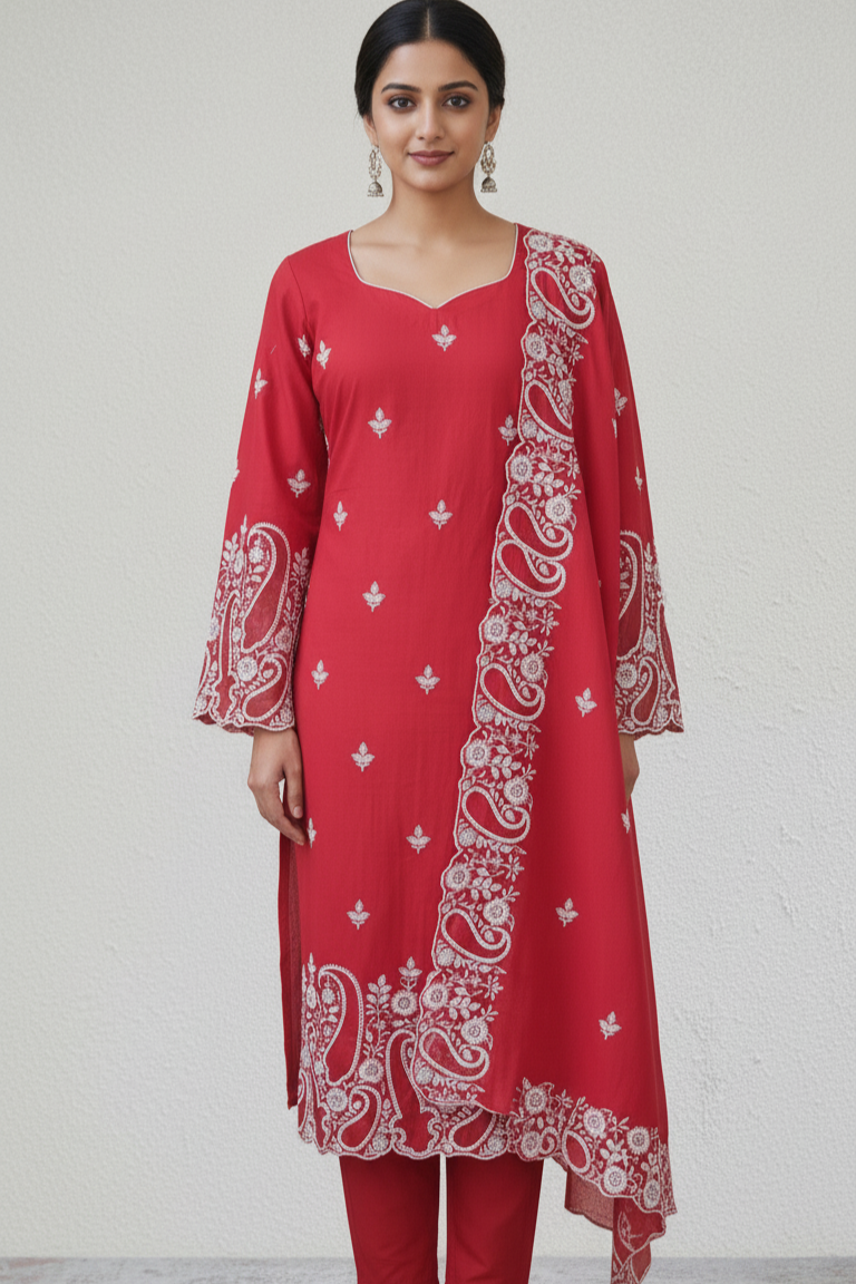 Celebrate in style with this vibrant Red Embroidered Cotton Suit Set for Women. A premium pure cotton suit set that combines traditional elegance with all-day comfort.