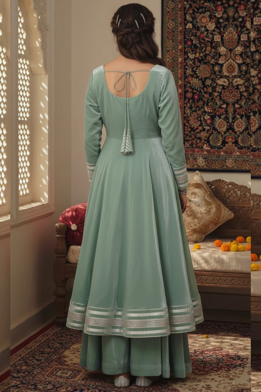 Sage green anarkali kurta palazzo set with dupatta, elegant women ethnic wear featuring traditional design, perfect for festive and traditional occasions.
