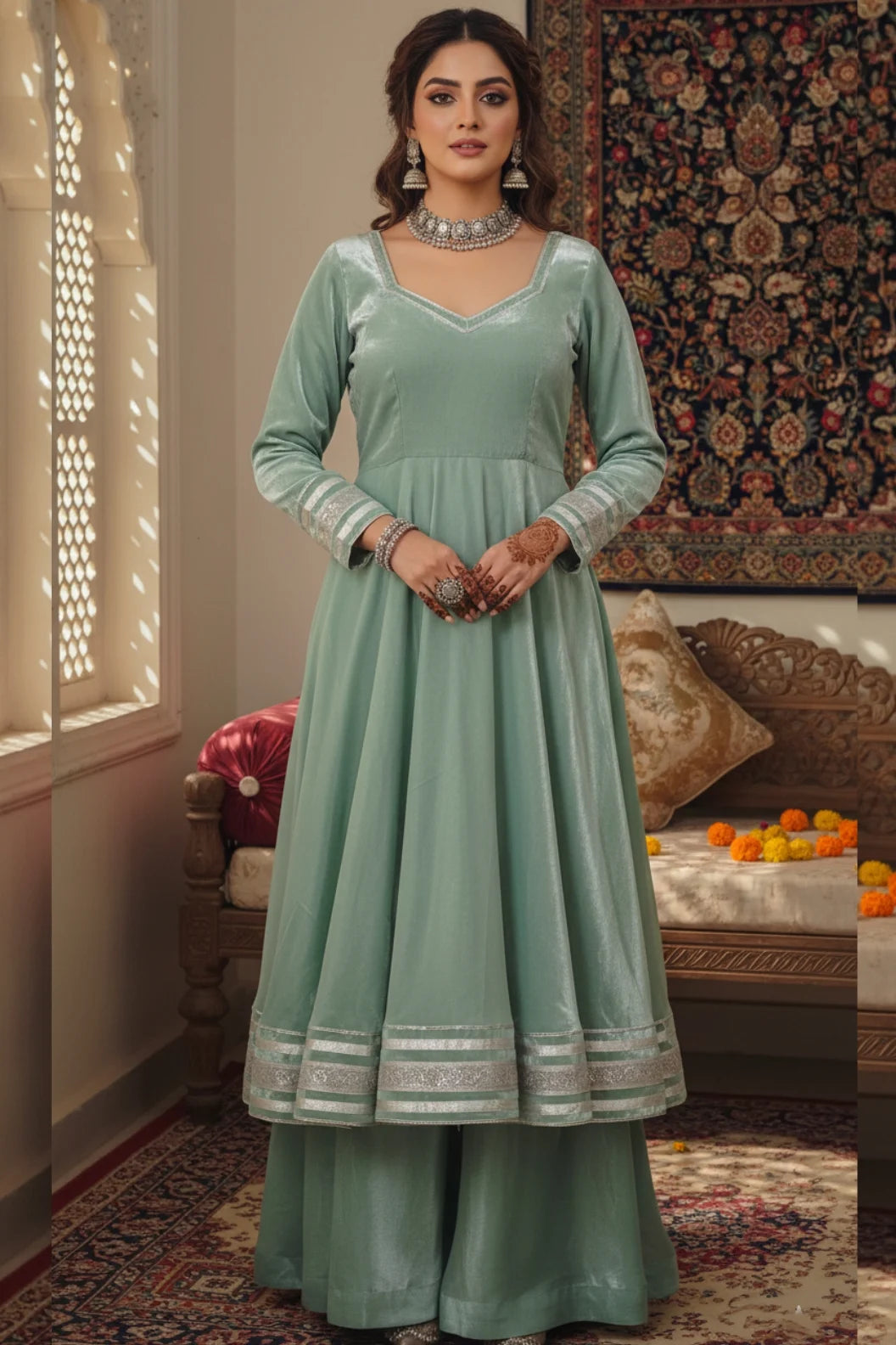 Sage green anarkali kurta palazzo set with dupatta, elegant women ethnic wear featuring traditional design, perfect for festive and traditional occasions.