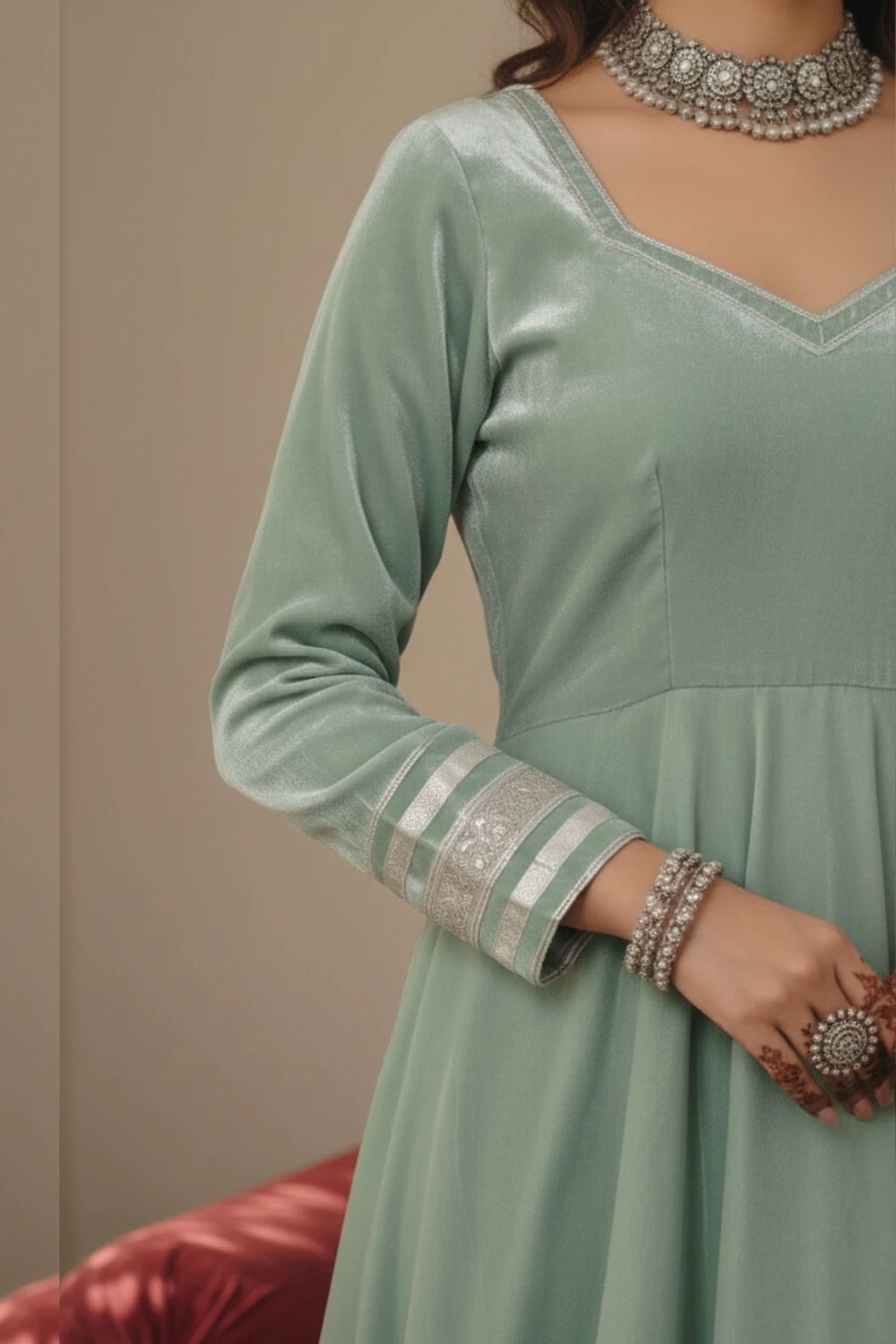 Sage green anarkali kurta palazzo set with dupatta, elegant women ethnic wear featuring traditional design, perfect for festive and traditional occasions.