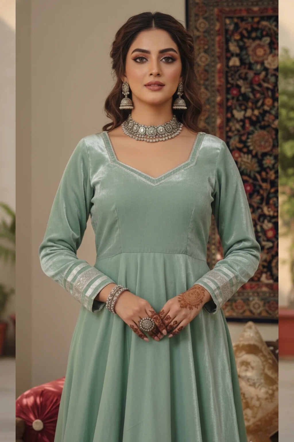 Sage green anarkali kurta palazzo set with dupatta, elegant women ethnic wear featuring traditional design, perfect for festive and traditional occasions.