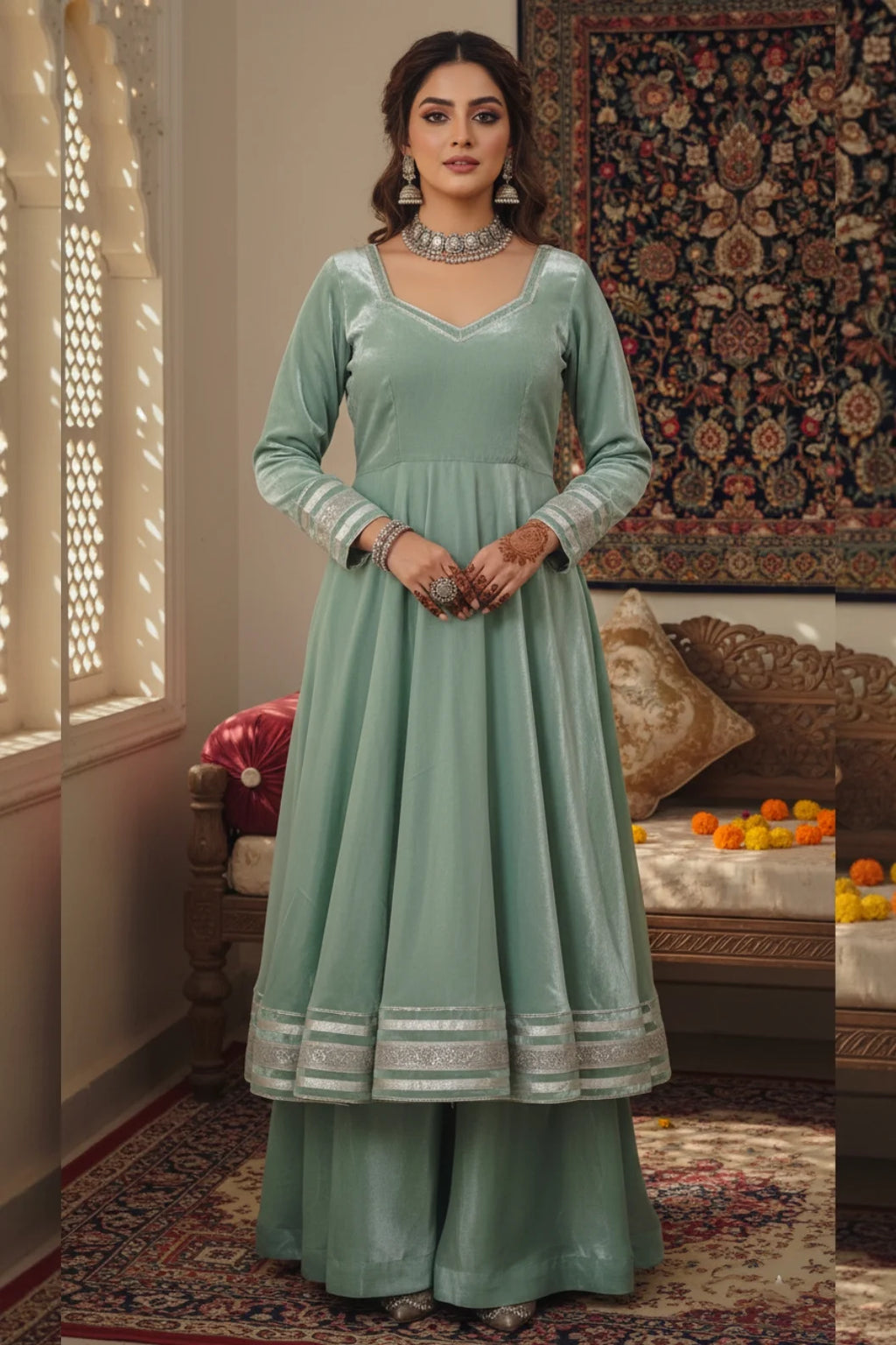 Sage green anarkali kurta palazzo set with dupatta, elegant women ethnic wear featuring traditional design, perfect for festive and traditional occasions.