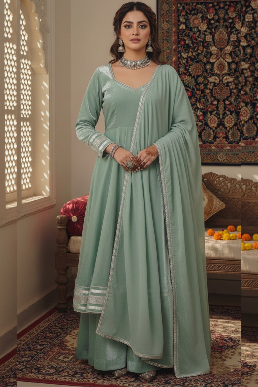 Sage green anarkali kurta palazzo set with dupatta, elegant women ethnic wear featuring traditional design, perfect for festive and traditional occasions.