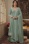 Sage green anarkali kurta palazzo set with dupatta, elegant women ethnic wear featuring traditional design, perfect for festive and traditional occasions.