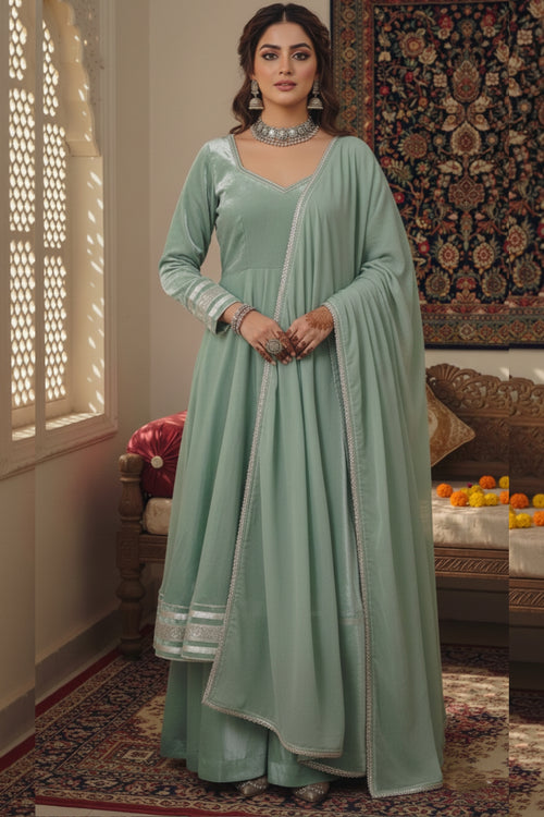 Sage green anarkali kurta palazzo set with dupatta, elegant women ethnic wear featuring traditional design, perfect for festive and traditional occasions.