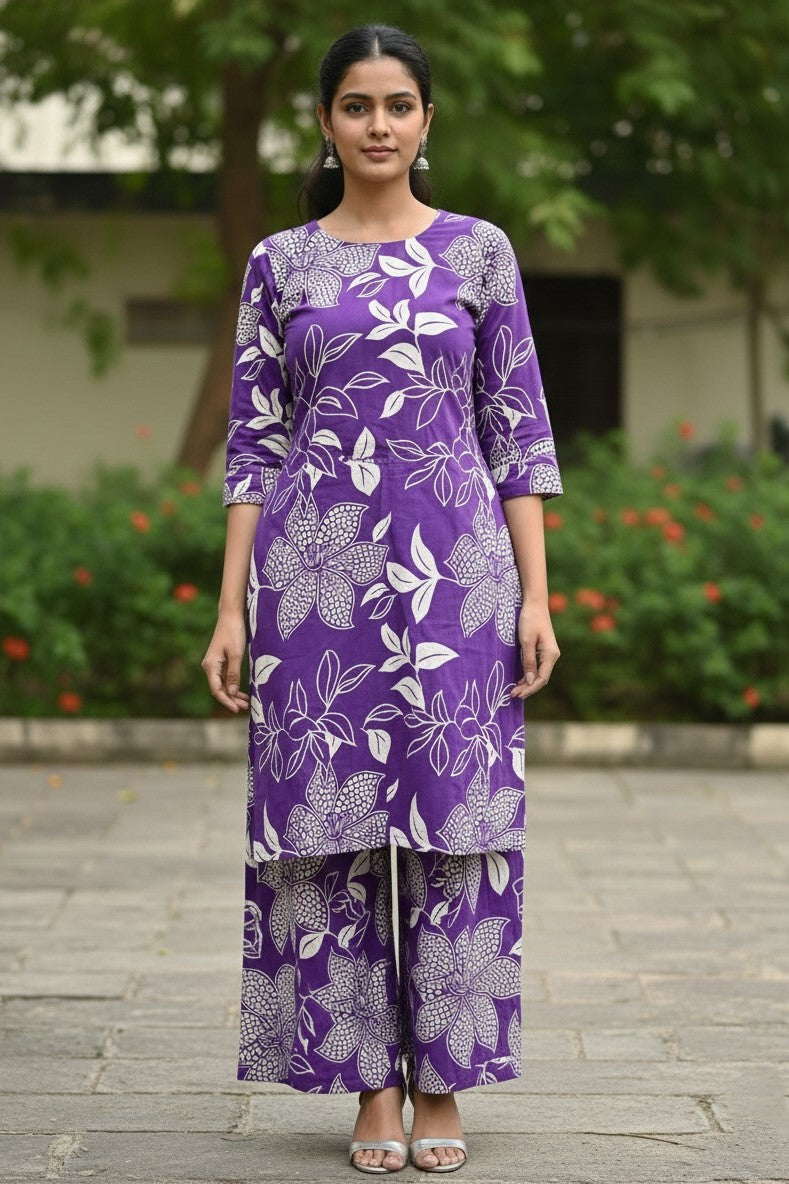Short kurta and palazzo set for women in pure cotton fabric with printed design. Comfortable cotton kurta palazzo set, perfect for daily wear, office wear, and summer styling.