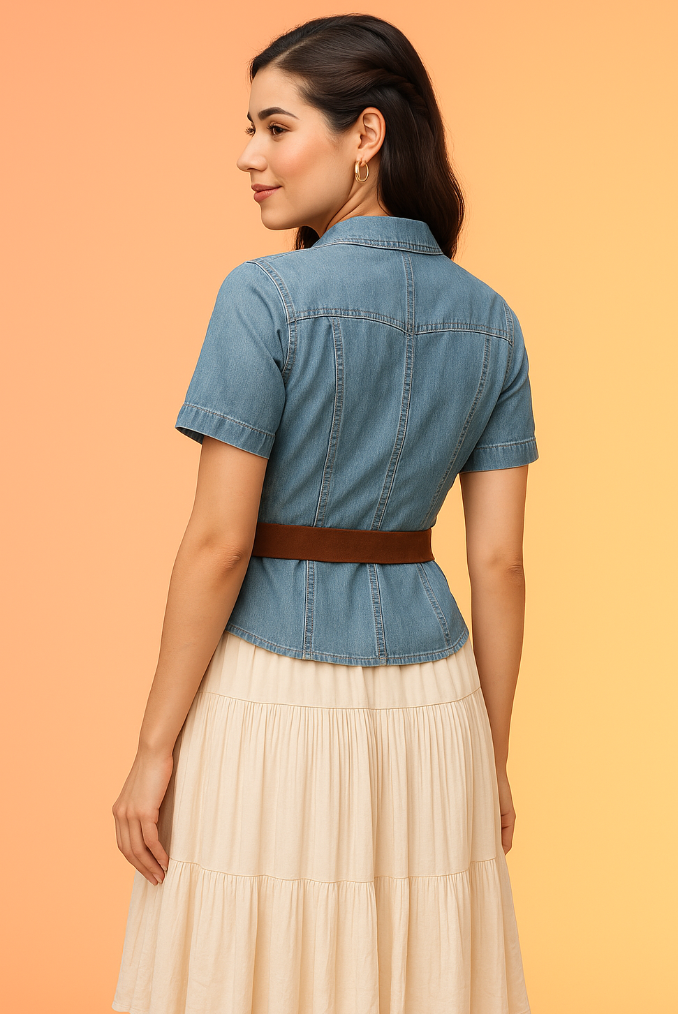 This chic outfit features a button-down denim shirt for women and a breathable beige skirt. A versatile skirt for women ensemble that balances rugged denim with a feminine silhouette.