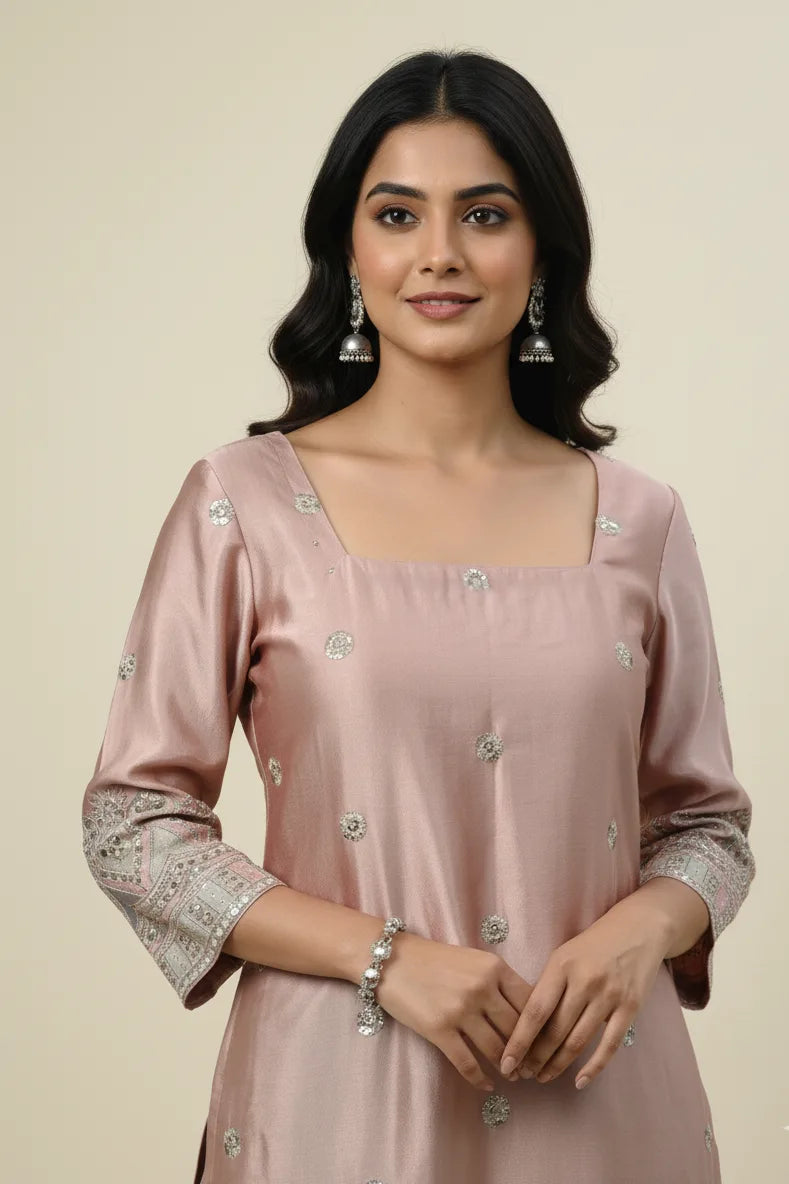Elegant women silk kurta palazzo set designed as premium ethnic wear, featuring stylish kurtis for women with a comfortable salwar suit for women look. This graceful ethnic dress blends the charm of ethnic dresses for women, inspired by lehengas for women, styled as a kurti pant set with dupatta, perfect for festive and party occasions.