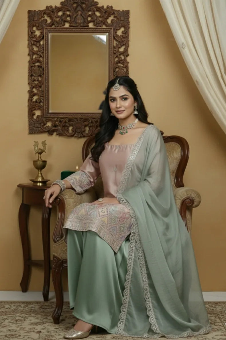 Elegant women silk kurta palazzo set designed as premium ethnic wear, featuring stylish kurtis for women with a comfortable salwar suit for women look. This graceful ethnic dress blends the charm of ethnic dresses for women, inspired by lehengas for women, styled as a kurti pant set with dupatta, perfect for festive and party occasions.
