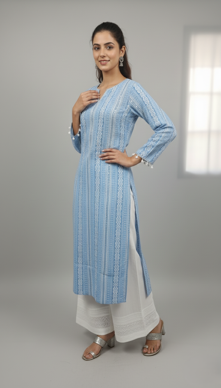 Beautiful sky blue kurta paired with white palazzo, crafted in pure cotton fabric. Features full sleeves for a comfortable and elegant look, perfect for daily wear, office, and casual occasions.