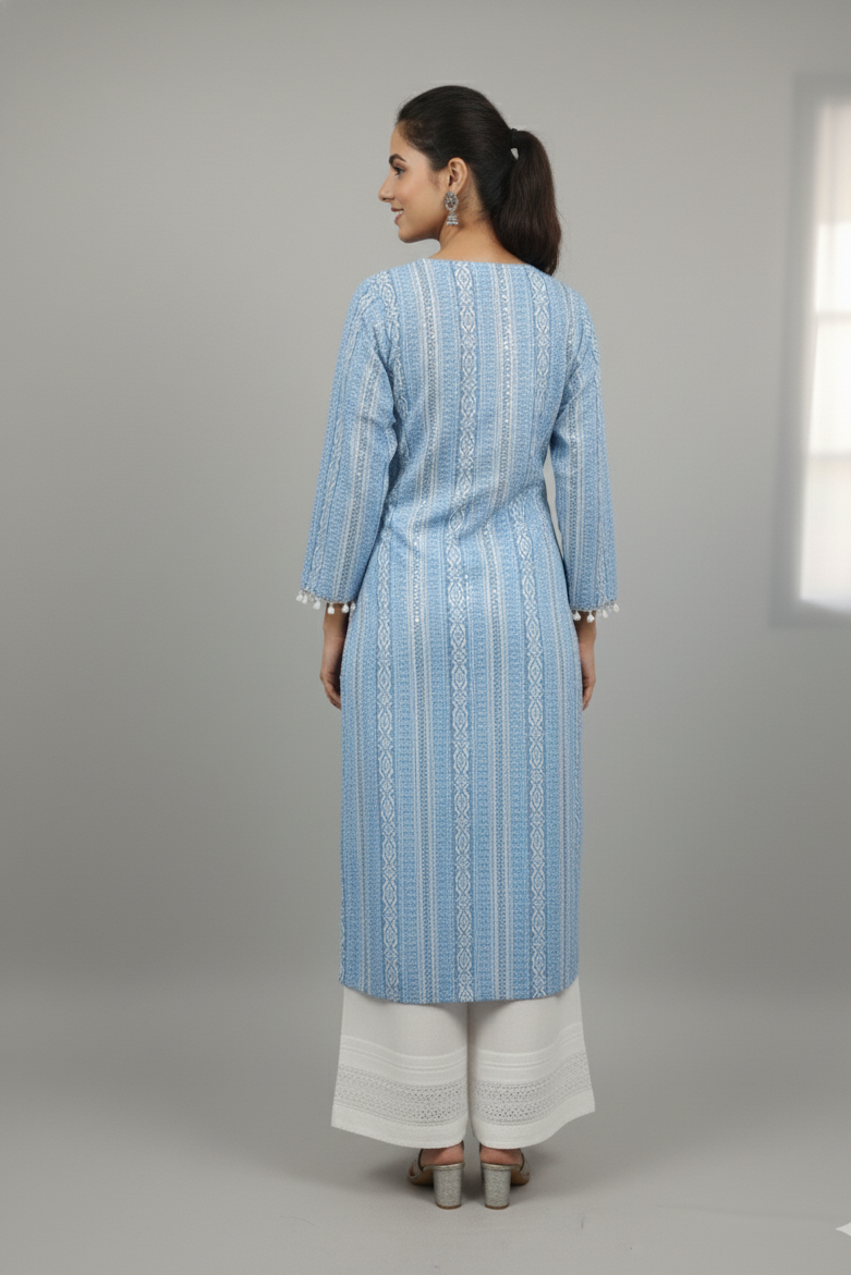 Beautiful sky blue kurta paired with white palazzo, crafted in pure cotton fabric. Features full sleeves for a comfortable and elegant look, perfect for daily wear, office, and casual occasions.