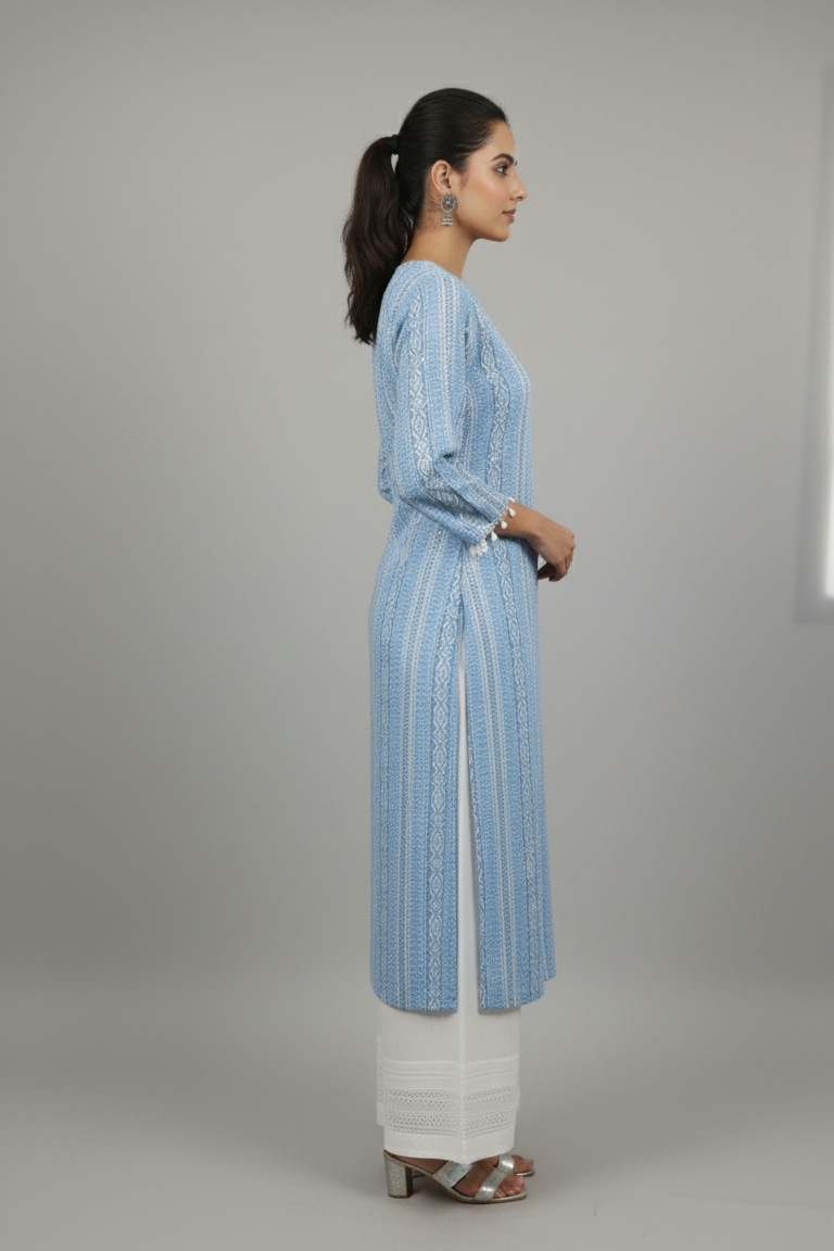 Beautiful sky blue kurta paired with white palazzo, crafted in pure cotton fabric. Features full sleeves for a comfortable and elegant look, perfect for daily wear, office, and casual occasions.
