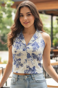 Blue floral crop top for women, sleeveless cotton top, trendy summer wear crop top for girls