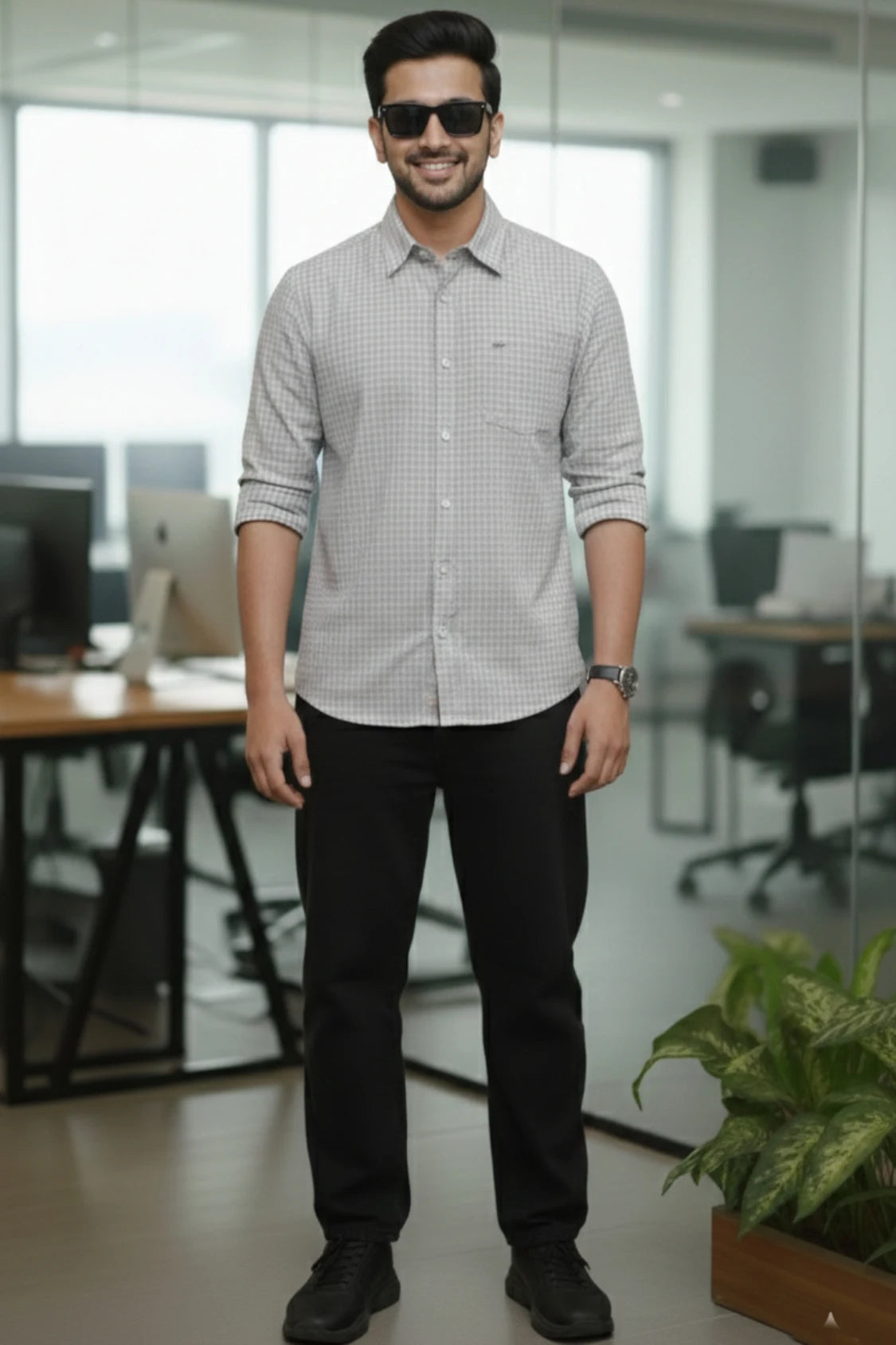 Upgrade your style with this grey check shirt for men. A modern check shirt for men designed with a full sleeve shirt cut for a sharp silhouette.