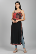Elevate your ethnic wardrobe with this Red & Black Nyra Cut Kurti. Featuring a flattering Nyra cut design, this piece offers a flowy silhouette that is perfect for office styling or festive moments.