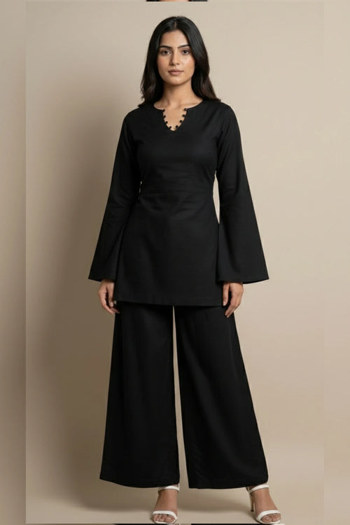 Black Cotton Kurti Palazzo Set for Women | Short Kurti with Wide Leg Pants