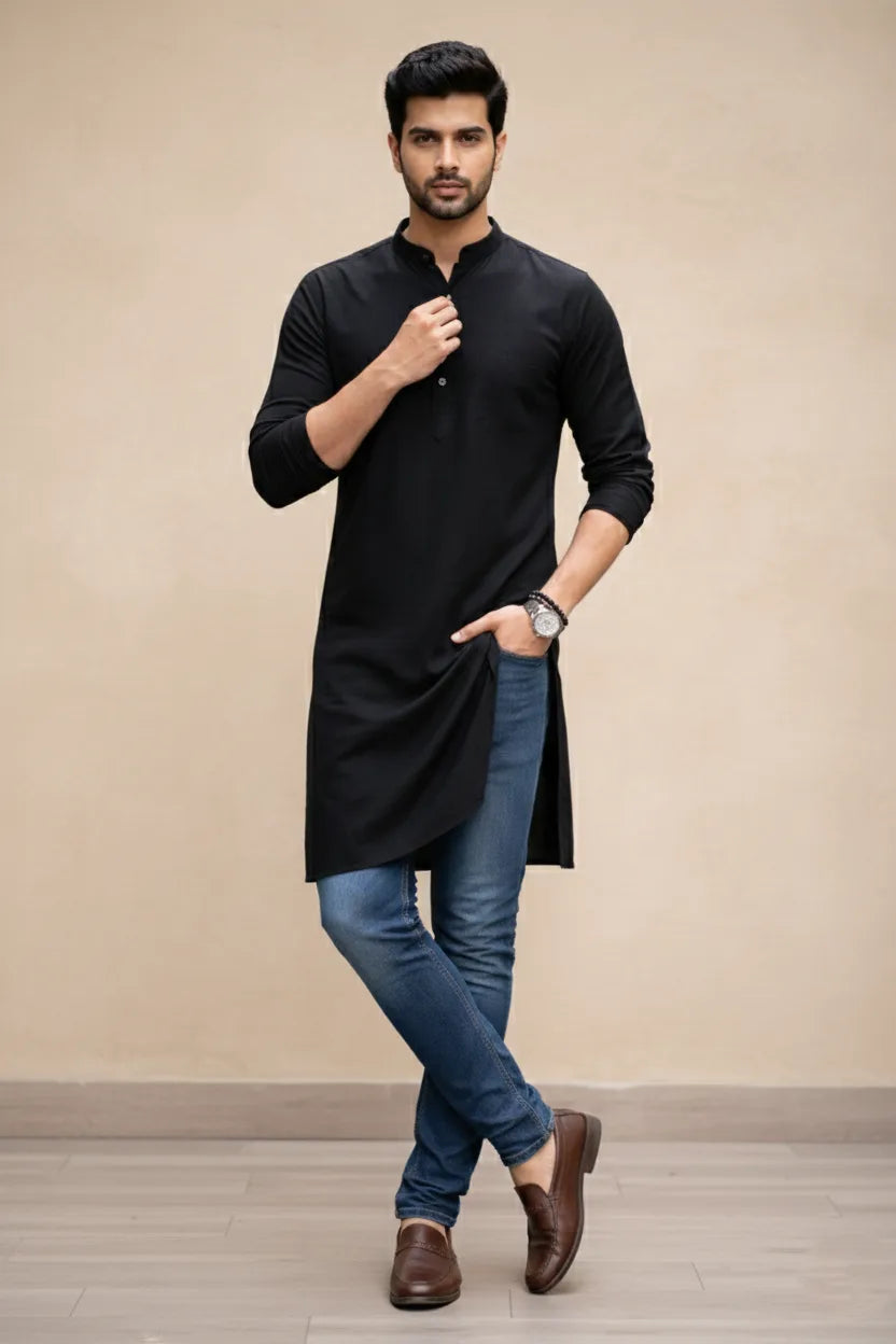 Black Mandarin Collar Long Kurta for Men | Plain Cotton Stylish Casual Ethnic