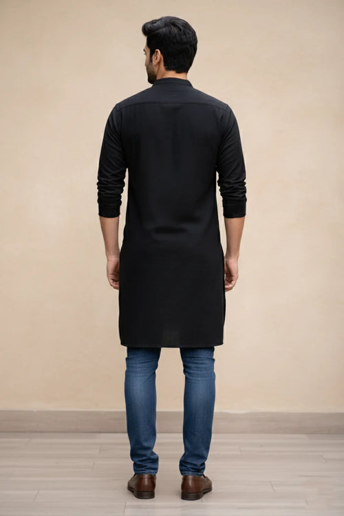 Stylish Black Long Kurta for Men | Mandarin Collar Eid Plain Cotton Ethnic
