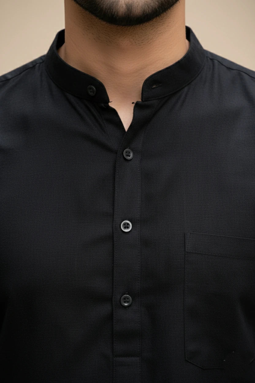 Mandarin Collar Black Long Kurta for Men | Plain Cotton Pathani Style Casual