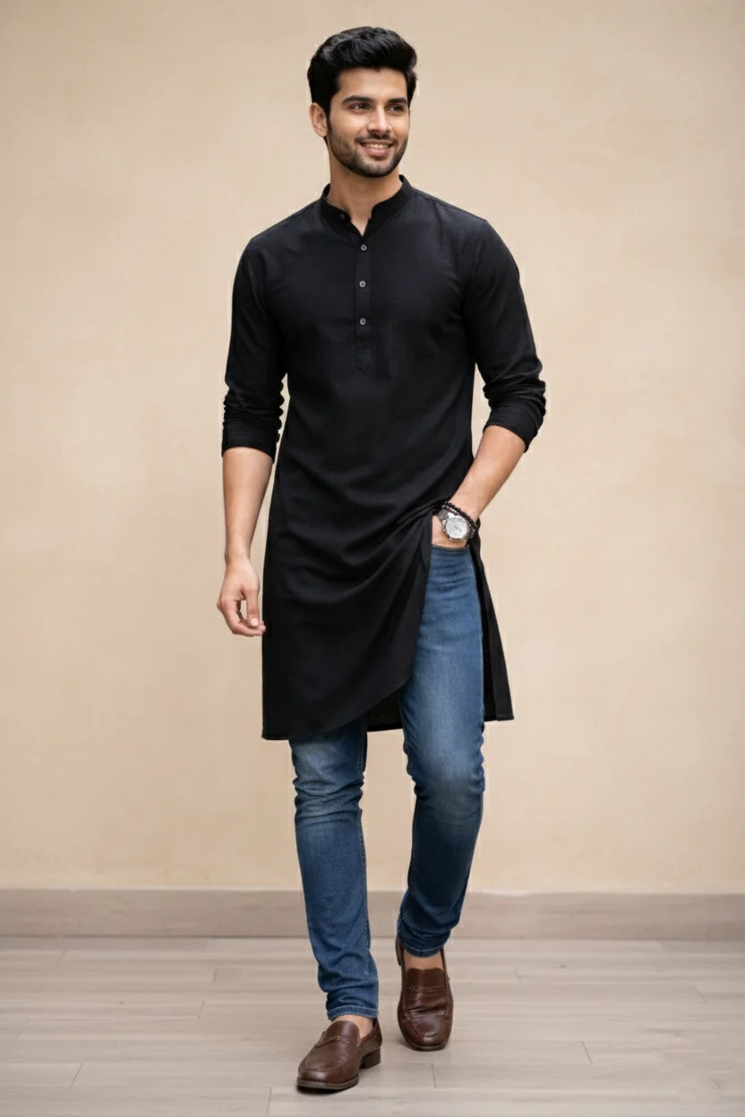 Men's Black Long Kurta | Mandarin Collar Plain Cotton Casual Ethnic Wear