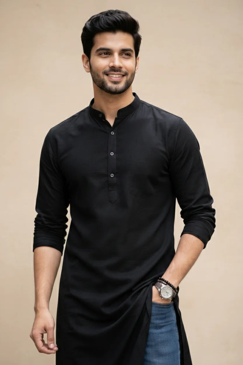 Black Long Kurta with Jeans | Mandarin Collar Plain Cotton Stylish Kurta Men