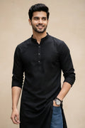 Black Long Kurta with Jeans | Mandarin Collar Plain Cotton Stylish Kurta Men