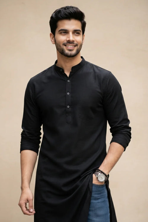 Black Long Kurta with Jeans | Mandarin Collar Plain Cotton Stylish Kurta Men