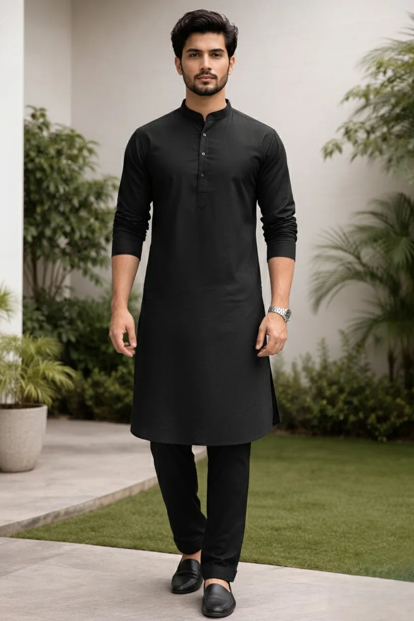 Black Mandarin Collar Long Kurta Pajama for Men | Plain Cotton Ethnic Set