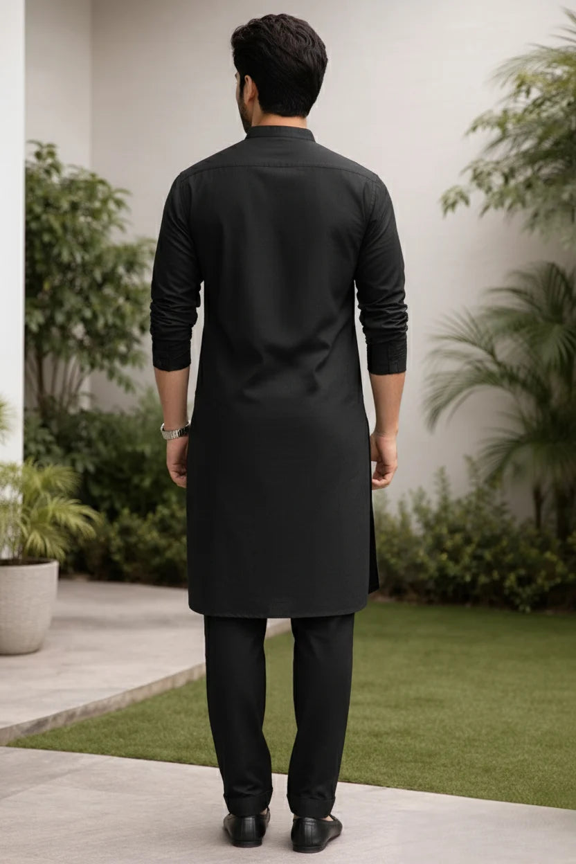 Mandarin Collar Black Long Kurta for Men | Plain Cotton Pathani Kurta Pejama
