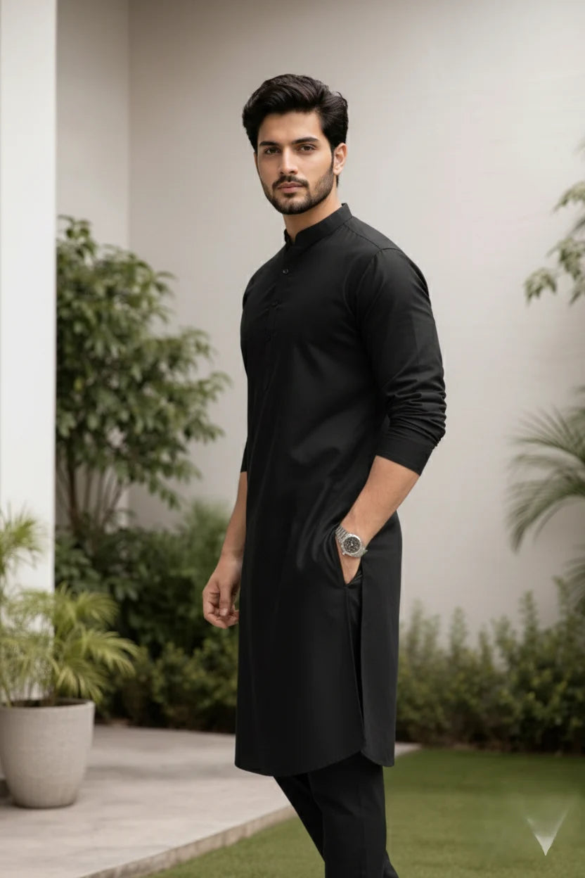 Black Long Kurta Pajama for Men | Mandarin Collar Plain Cotton Kurta Pejama Set