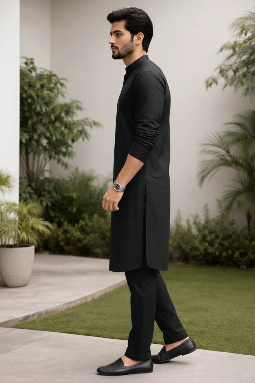 Men's Black Mandarin Collar Long Kurta Pejama | Plain Cotton Stylish Ethnic