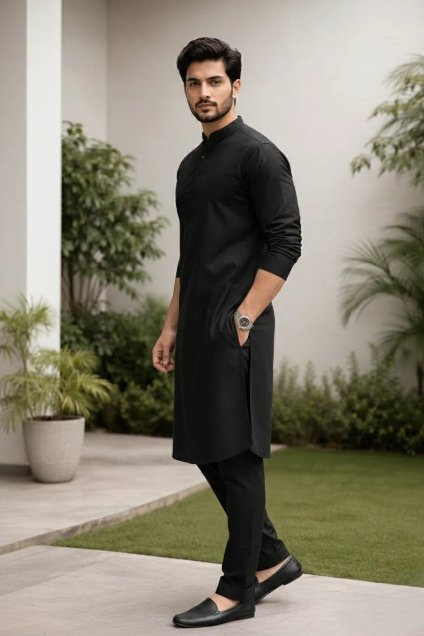 Eid Kurta Pajama for Men Black | Mandarin Collar Plain Cotton Long Kurta Set