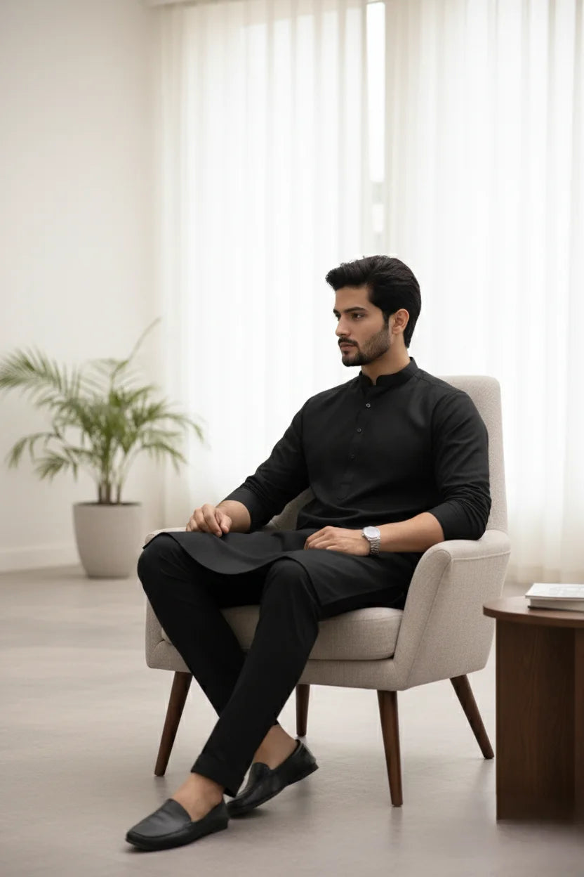 Men's Black Long Kurta Pajama | Mandarin Collar Cotton Kurta Pejama Ethnic Wear