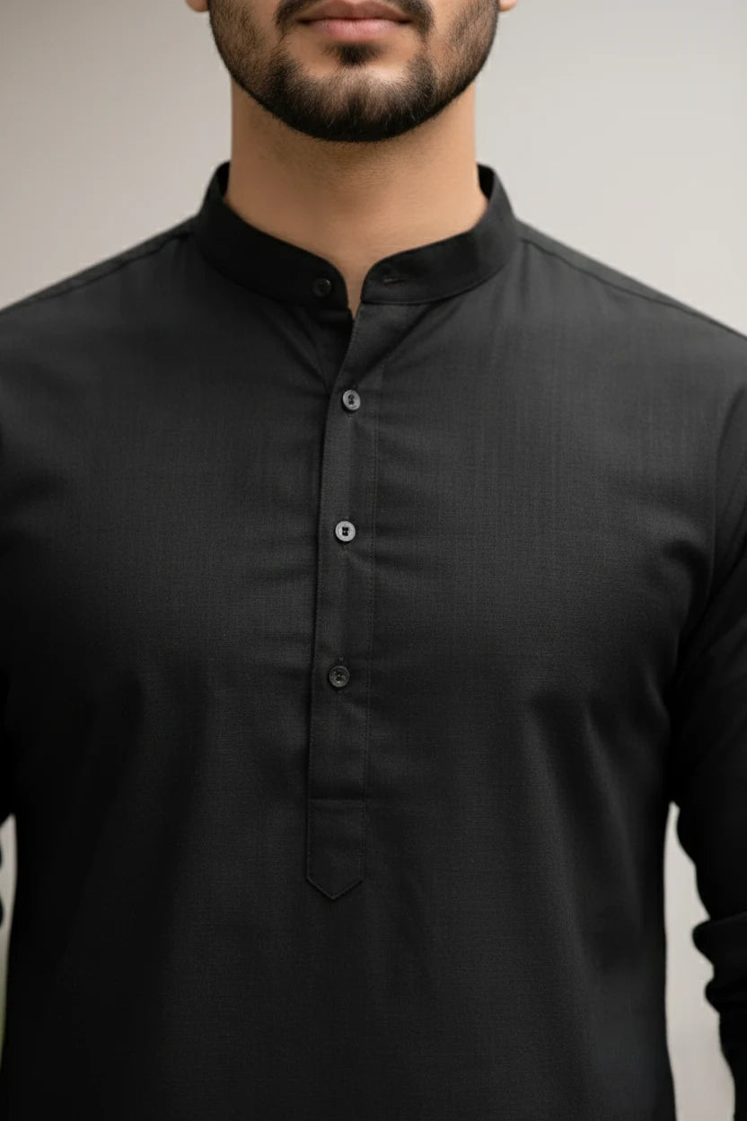 Black Pathani Kurta Pajama Men | Mandarin Collar Cotton Long Kurta Pejama