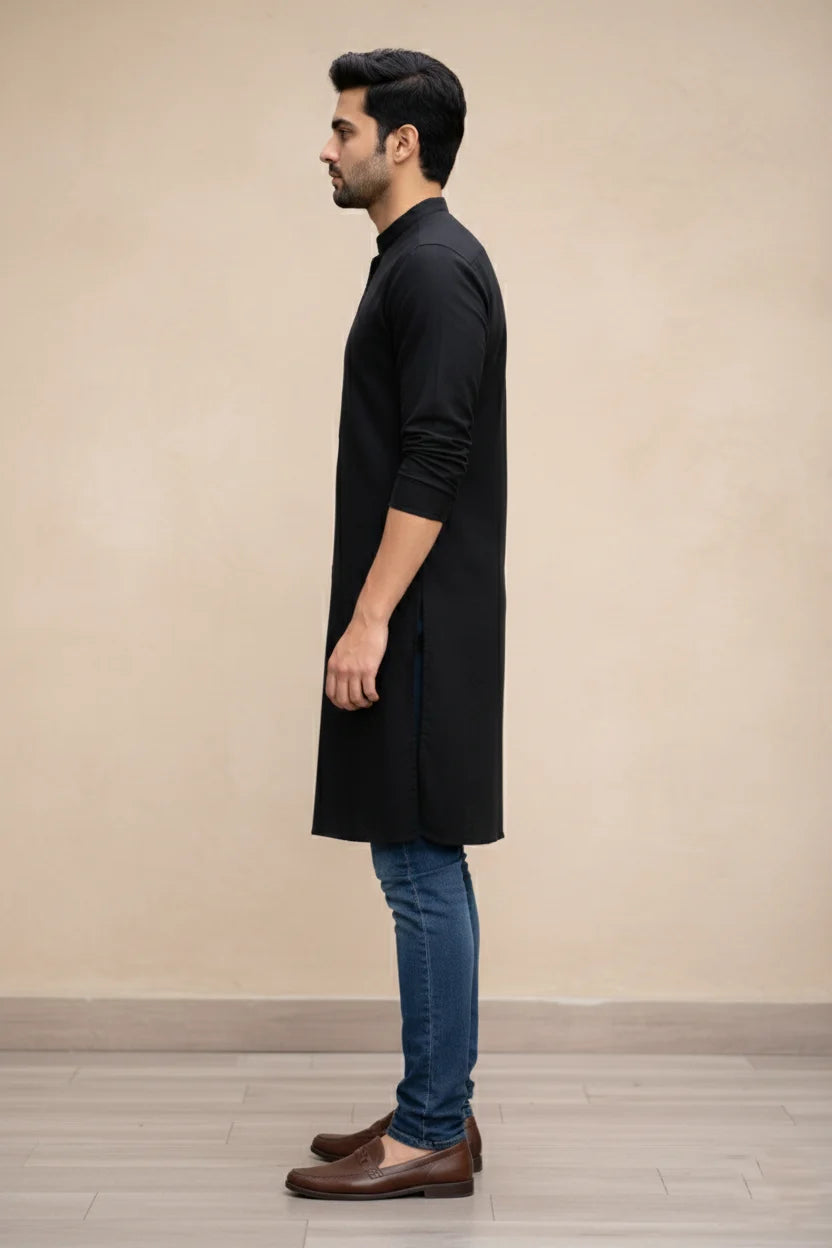 Black Plain Long Cotton Kurta for Men | Mandarin Collar Stylish Casual Ethnic