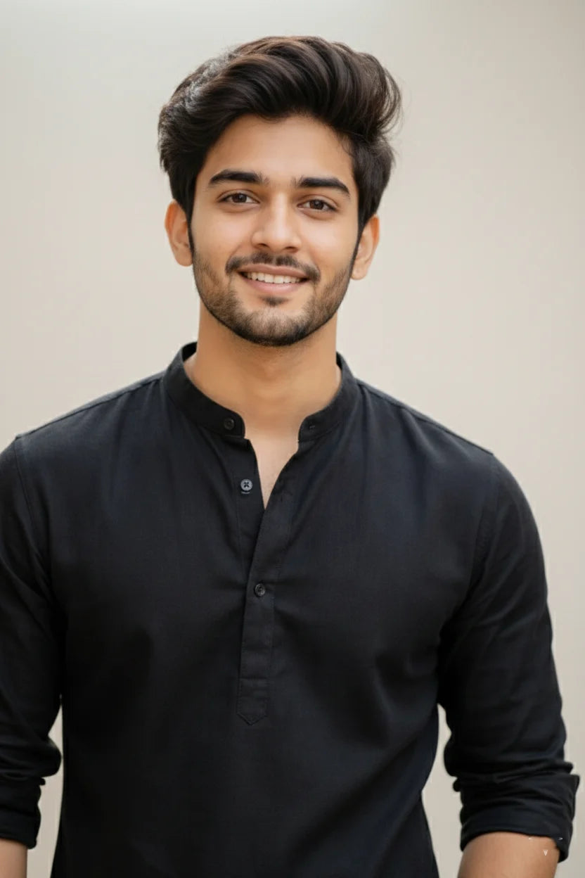 Men's Black Short Kurta | Mandarin Collar Plain Cotton Casual Ethnic Wear
