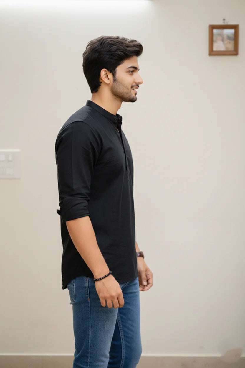 Black Plain Short Cotton Kurta for Men | Mandarin Collar Stylish Casual Ethnic