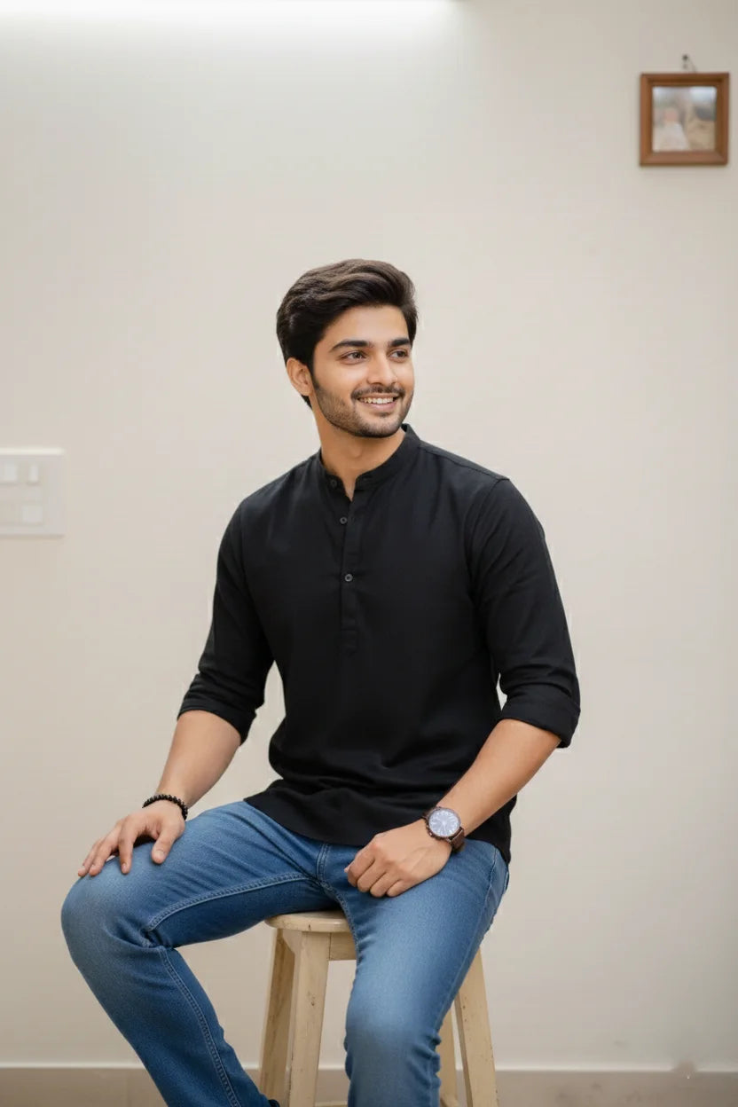 Men's Black Plain Short Kurta | Mandarin Collar Cotton Casual Stylish Ethnic