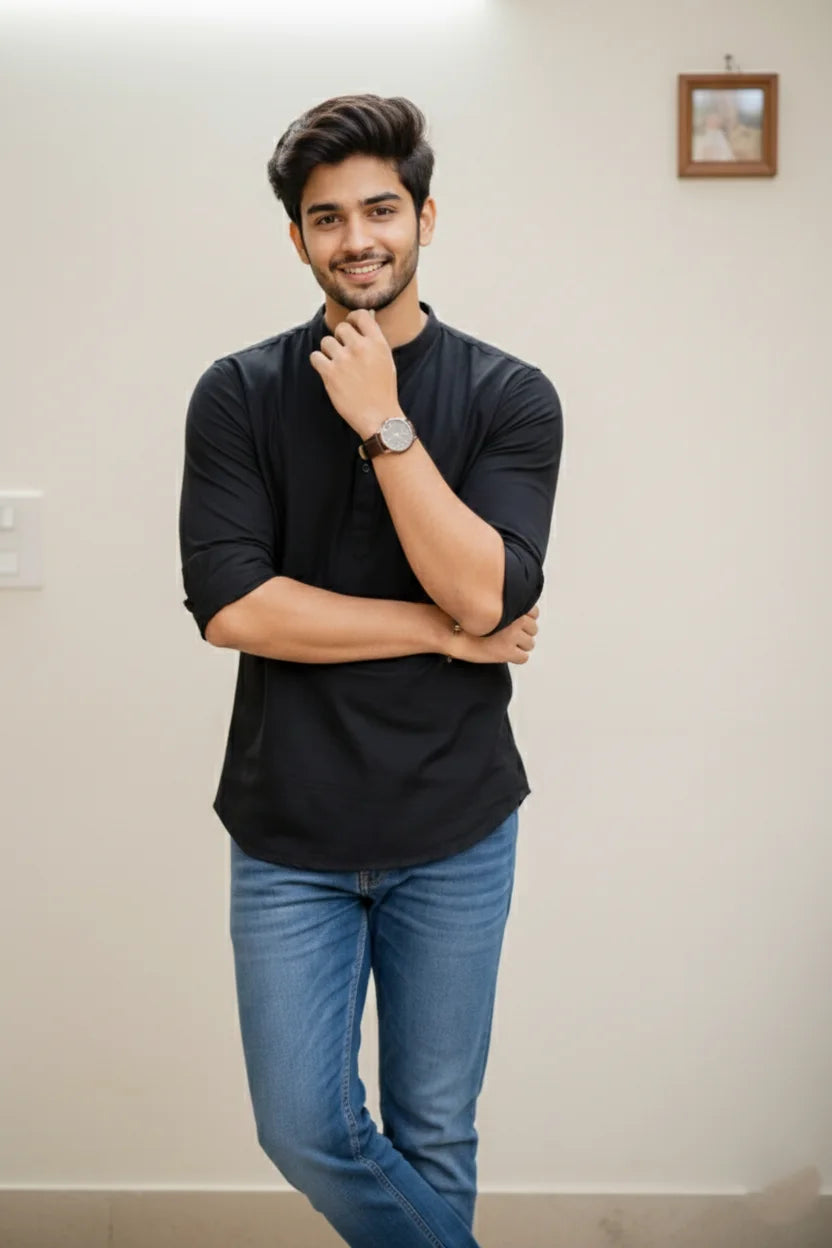 Casual Black Short Kurta for Men | Mandarin Collar Plain Cotton Ethnic Wear