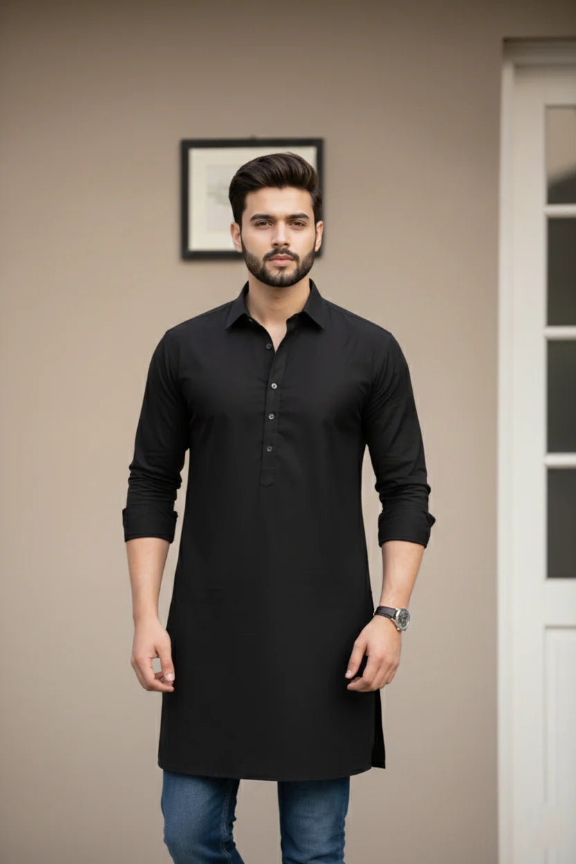 Black Spread Collar Long Kurta for Men | Plain Cotton Pathani Style Ethnic Wear