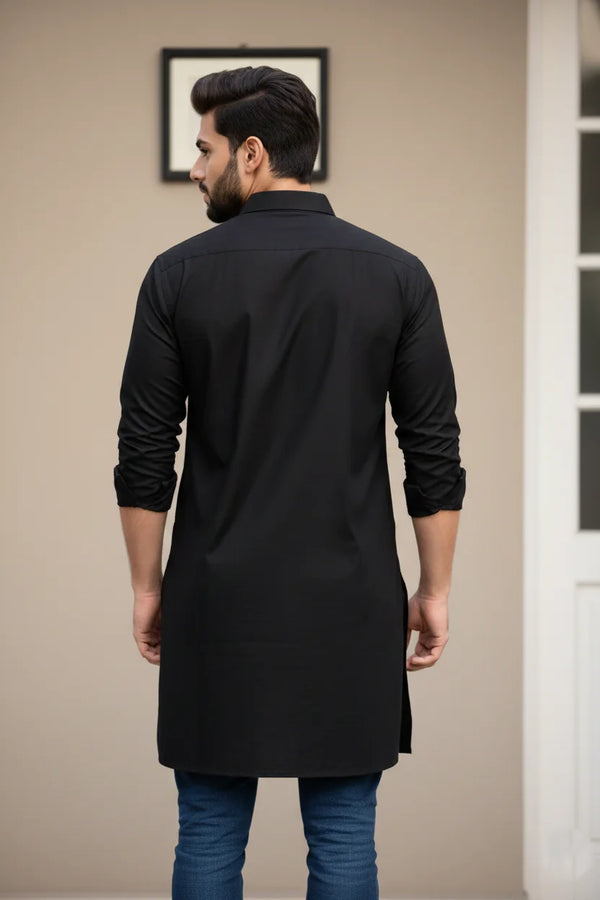 Men's Black Long Kurta | Spread Collar Plain Cotton Kurta Stylish Ethnic Casual