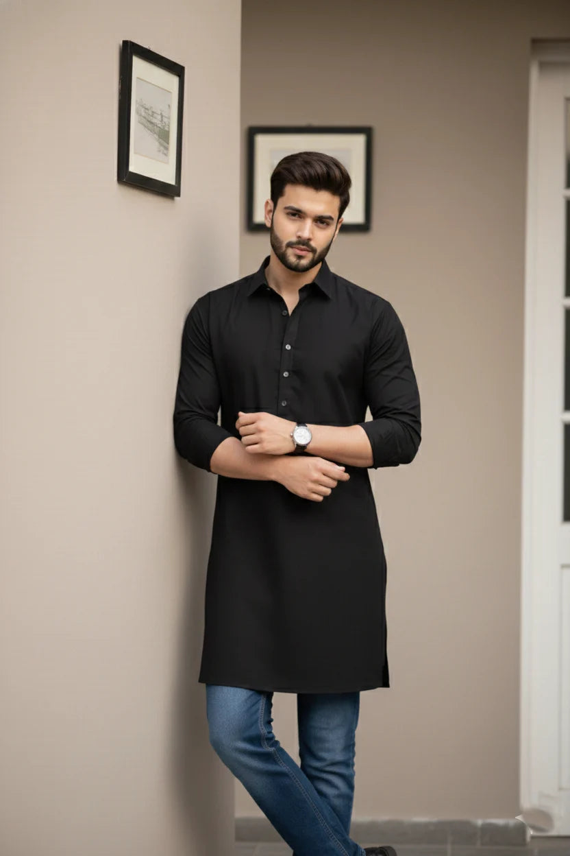 Black Long Cotton Kurta for Men | Spread Collar Plain Pathani Kurta Ethnic