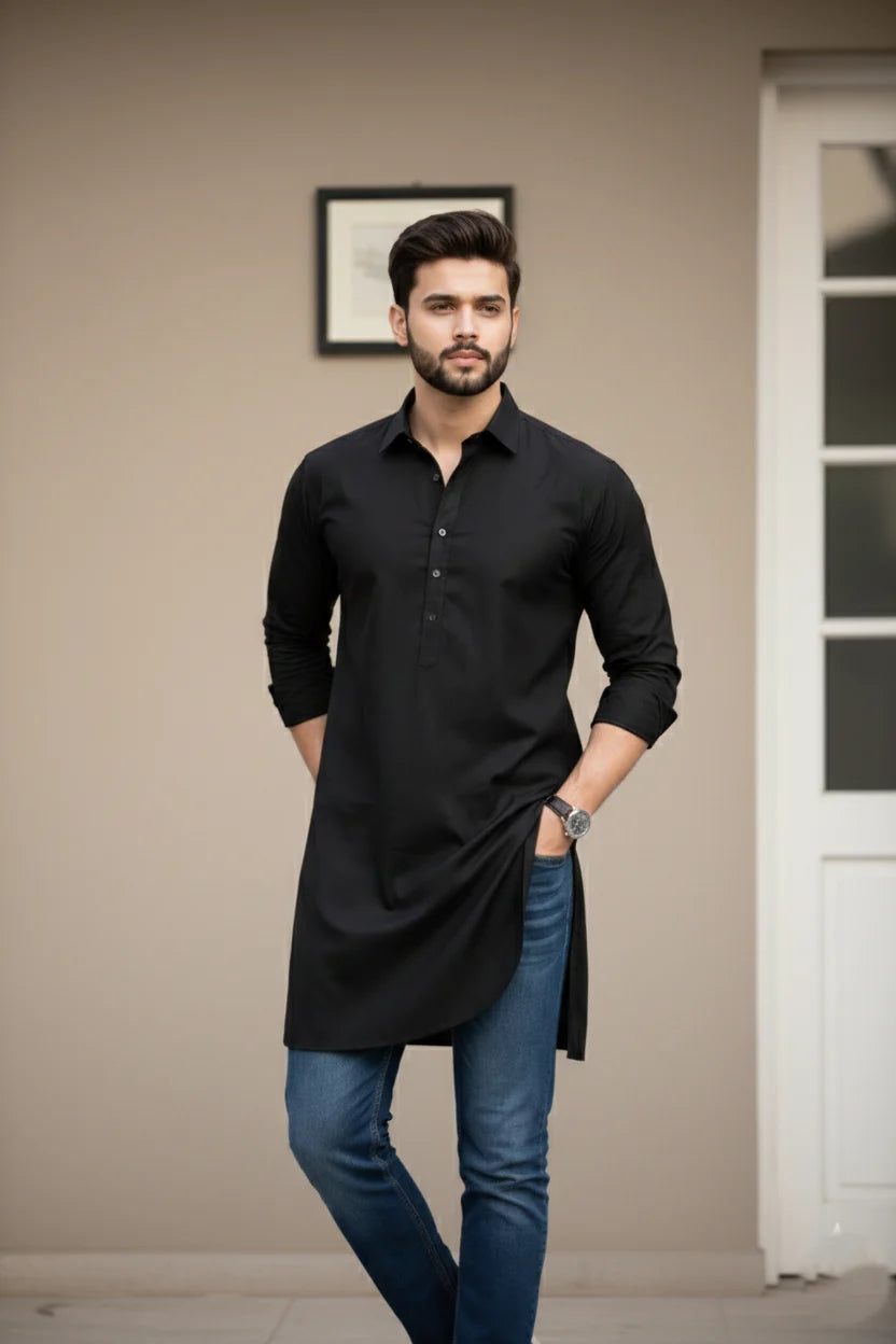 Men's Black Cotton Kurta | Spread Collar Plain Long Kurta Pathani Ethnic Wear